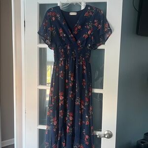 Long dark blue altar’d state dress with floral print size large